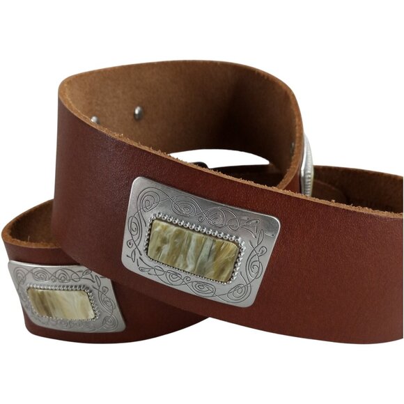 Express Wide Brown Leather Concho Silver Chunky Belt Size L  Stone Agate - Picture 4 of 7